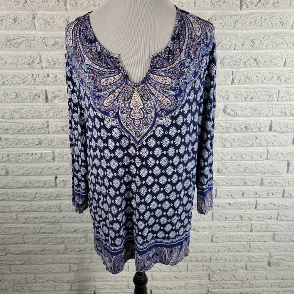 Chicos Geometric Top XL Blue 3/4 Sleeve V-Neck Rayon Spandex Pullover Blouse